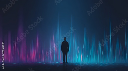 Silhouette of a Man Standing in Front of Abstract Digital Light Beams.
