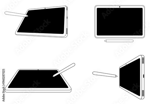 Ilustración de Tablet con lápiz óptico. Conjunto de iconos de tecnología en blanco y negro. Vector para sitio web, app, folleto y otros.