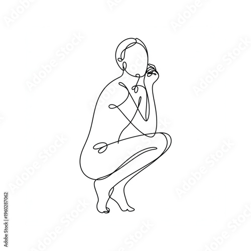 Abstract line art depicts a woman in a contemplative crouching position