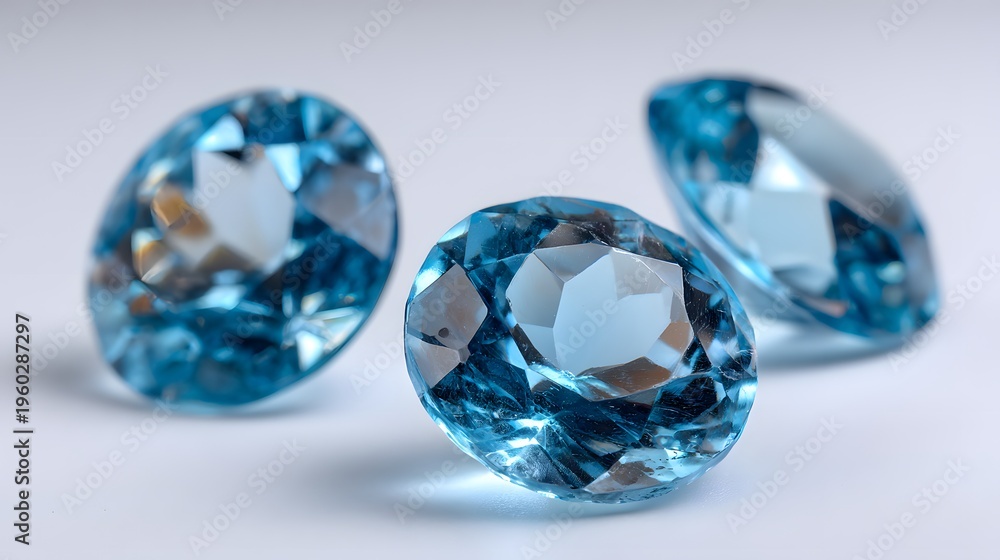 Fototapeta premium Three Brilliant Cut Blue Topaz Gemstones on a White Background.