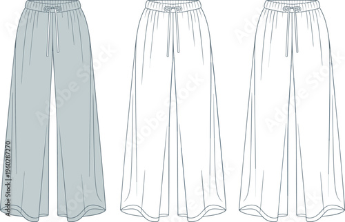 Wide leg elastic drawstring pants flat vector, front and back illustration
