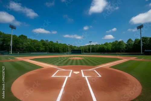 wide angle view of a perfectly maintained empty baseball field from behind home plate, with white chalk lines and green grass, stock image.