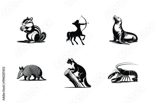 Vintage black and white animal silhouettes: chipmunk, centaur, seal, armadillo, cat, crab, graphic design