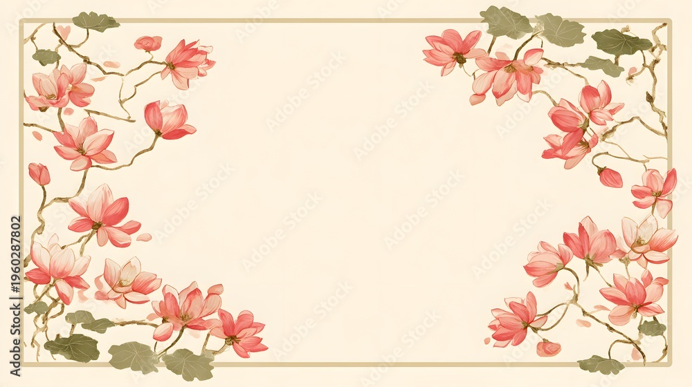 Fototapeta premium Elegant Floral Border with Pink Lotus Flowers and Green Leaves.