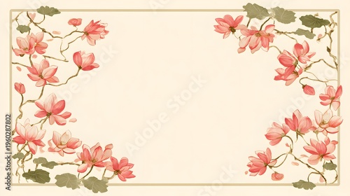Elegant Floral Border with Pink Lotus Flowers and Green Leaves.
