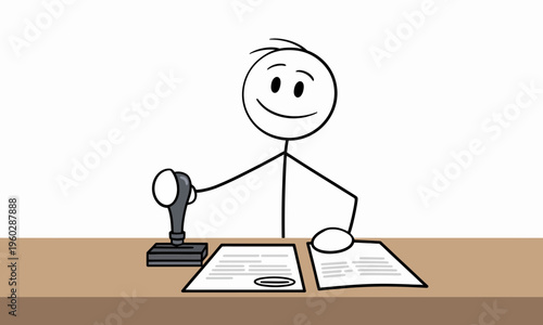 Stick figure businessman using rubber stamp on official documents