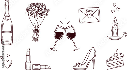 Elegant romantic date night set featuring champagne roses love letter candle wine cake lipstick shoe and hearts hand drawn vector illustration doodle art