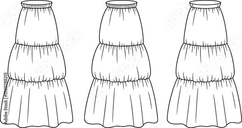 Tiered skirt flat vector, front and back technical fashion illustration