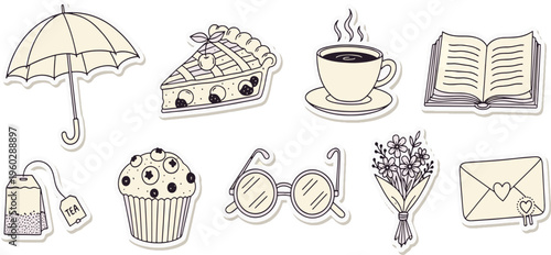 Cute cozy lifestyle elements featuring coffee tea sweets books flowers and rainy day accessories in a hand drawn vector illustration doodle art