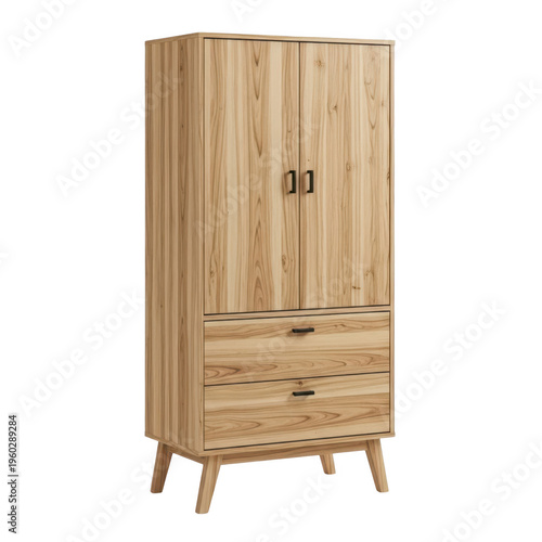 Tall wooden cabinet with two doors and drawers isolated on a transparent background