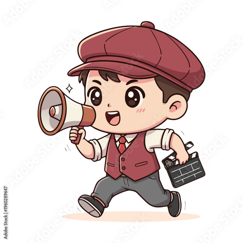 Cute Director Running with Megaphone and Clapperboard Illustration