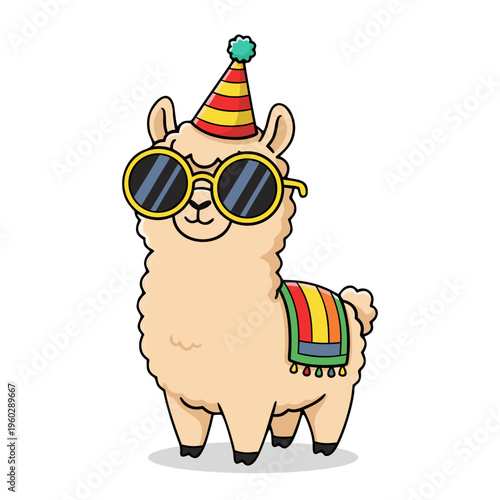 Cute Llama with Party Hat and Sunglasses Animal Illustration
