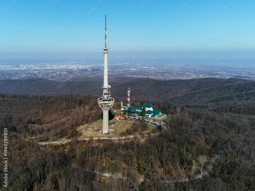 Obraz premium The aerial view of the TV tower, bombed by NATO army in 1999, Irishki venac, Frushka tower, Novi Sad, Serbia, Europe