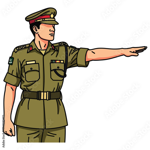 Pakistani army officer in uniform pointing forward with hand