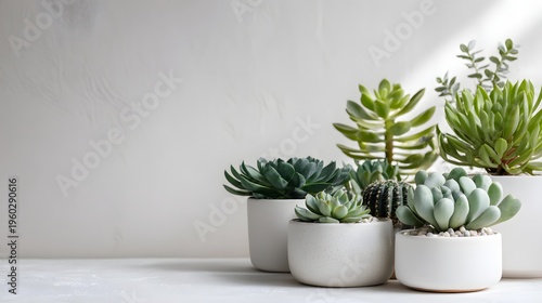 Collection of Various Succulent Plants in White Pots on a White Surface.