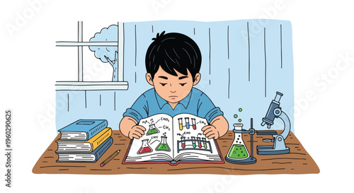 Young boy student engrossed in a science textbook, with a microscope and beakers on his desk, illustrating early education, chemistry, and scientific discovery.