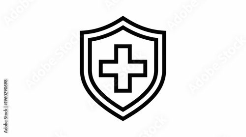 Medical cross in shield icon, health protection symbol, isolated white background