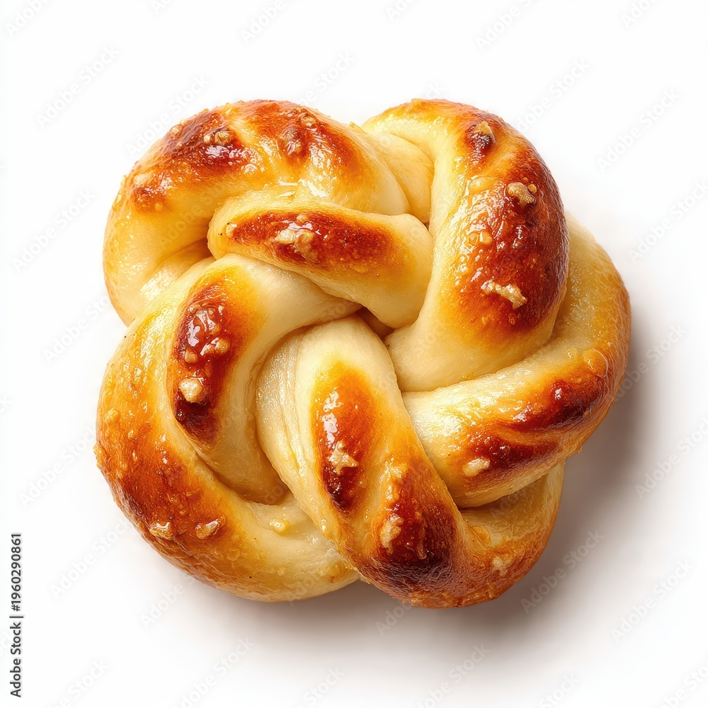 Fototapeta premium Freshly Baked Golden Braided Bun or Bread Roll with a Glossy Crust, Isolated on a Pure White Background. Perfect for Breakfast, Snack, or Bakery Menus.