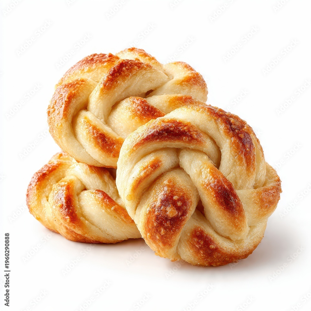 Fototapeta premium Freshly baked golden brown braided sweet buns, artfully stacked and isolated on a pristine white background, perfect for breakfast, dessert, or a delightful snack.