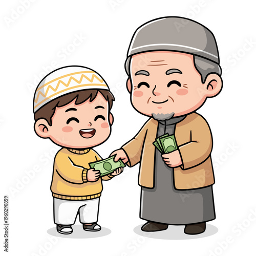 Illustration of Grandfather Giving Money to Grandson for Eid Al-Fitr Celebration