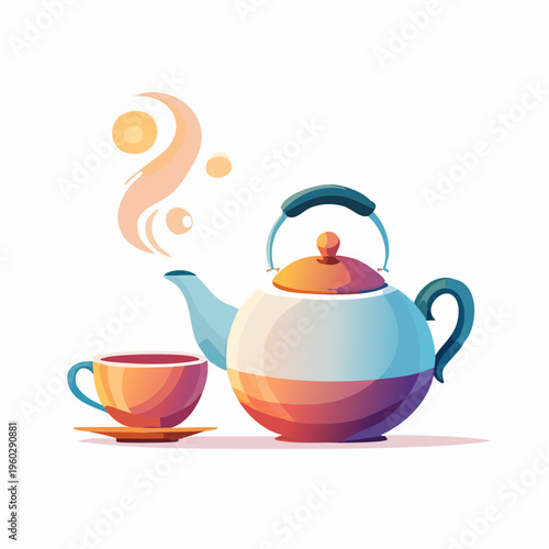 Dynamic Teapot and Teacup Illustration with Steaming Hot Drink, Featuring Modern Fluid Gradient Colors and Smooth Organic Shapes