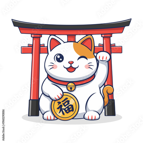 Cute Cartoon Maneki Neko Lucky Cat with Torii Gate Illustration