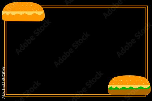 A box frame with a burger. Illustration of a burger with vegetables and cheese.