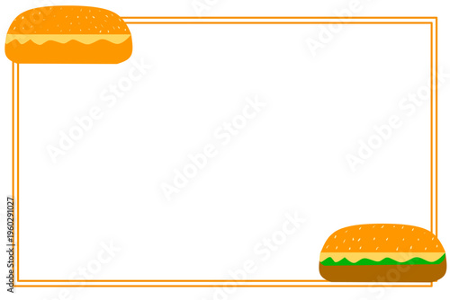 A box frame with a burger. Illustration of a burger with vegetables and cheese.