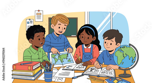 Diverse group of elementary school children collaboratively studying geography with maps and a globe in a vibrant classroom setting, promoting teamwork and learning.
