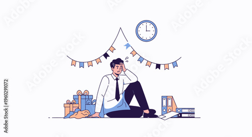 Focused man studying at desk with books clock.