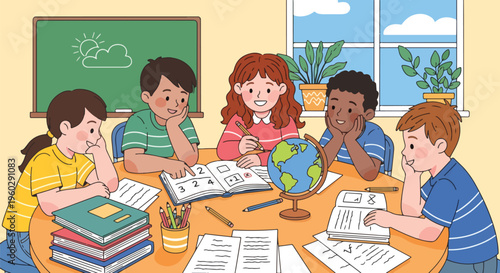 Joyful diverse children studying together in a vibrant classroom, collaborating on schoolwork with books, globe, and stationery.