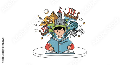 Boy reading a book, imagination, history, fantasy, learning, childhood, creativity, adventure, dreams, ancient civilizations, medieval times