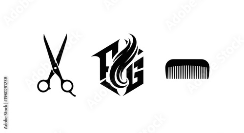 Barber Tools: Scissors, Hexagonal Logo with Hair, and Comb - Black Icons