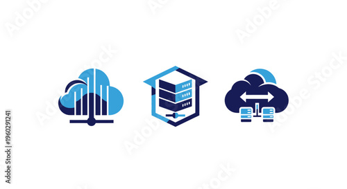 Cloud Computing and Server Technology Icons: Data Storage, Network, and Connection