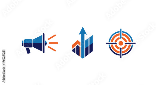 Marketing, Growth, and Target Icons: Megaphone, Bar Chart, and Target Symbol