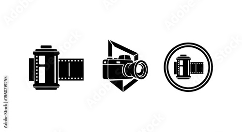 Photography Icons: Film Roll, Camera, and Reel - Vector Graphics