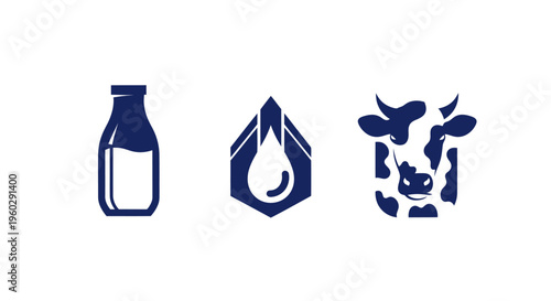 Dairy farm icons: milk bottle, water drop, cow head