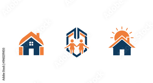 Set of modern house logos, family icons, and sun over roof designs