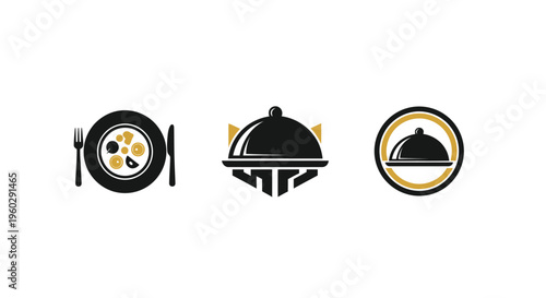 Restaurant Logo Icons: Plate, Cloche, and Serving Dome Set