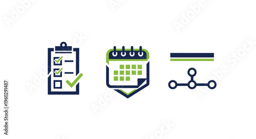 Checklist, Calendar, and Network Icons: Planning, Scheduling, and Connection