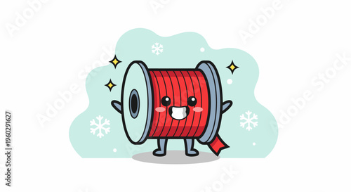 Happy cartoon spool of red thread holding a pencil.