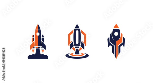 Set of three stylized rocket ship icons in navy blue and orange on white background