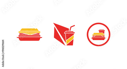 Fast Food Icons: Burger, Drink, and Set Meal in Red and Yellow