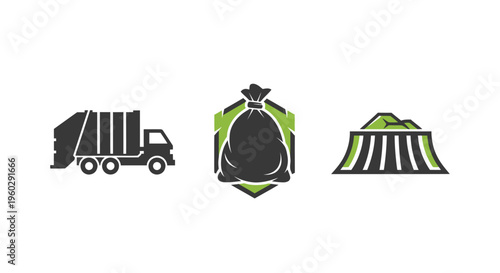 Garbage truck, trash bag icon, and landfill illustration on white background.