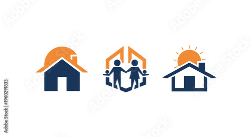 Family Home Icons: Housing, Community, and Sun Symbol