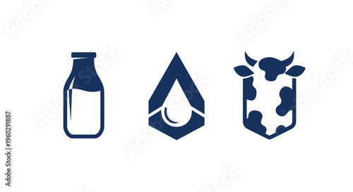 Dairy Products Icons: Milk Bottle, Water Drop, and Cow Pattern Shield