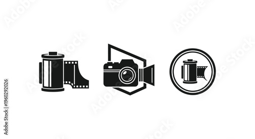 Vintage film roll, camera icon, and film canister symbol on white background