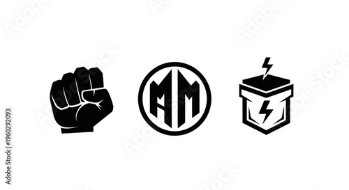 Fist, Monogram, and Lightning Box Icons Set on White Background