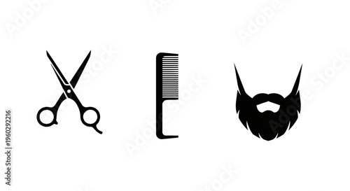 Barber Tools Icon Set: Scissors, Comb, and Beard Silhouette
