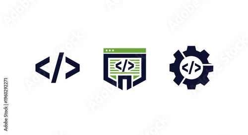 Coding and Development Icons: Code Symbol, Browser Window, and Gear
